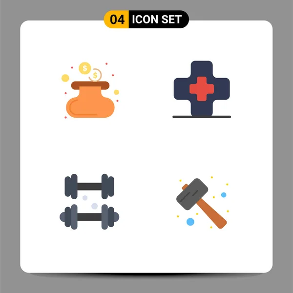 Modern Set Flat Icons Symbols Cash Medical Hospital Dumbbell Mallet — Stock Vector