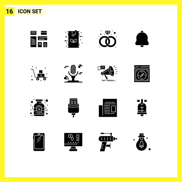 Solid Glyph Pack Univerzális Szimbólumok Kosár Hang Gáz Értesítés Riasztás — Stock Vector