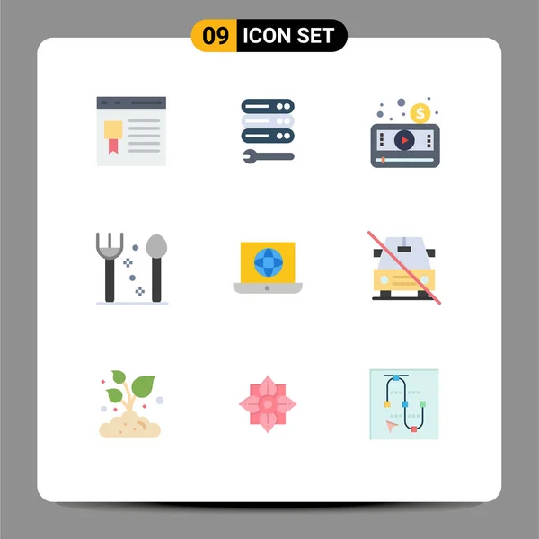 Mobile Interface Flat Color Set Pictograms Laptop Fork Web Cutlery — Vector de stock