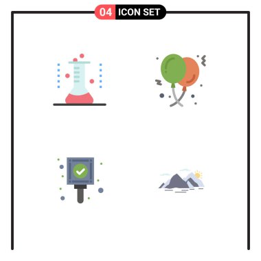 Kimyasal matara, doğum günü, laboratuvar vitrinleri, balon, Düzenlenebilir Vektör Tasarım Elementleri için 4 Düz Simge İşaretleri ve Sembolleri Grubu