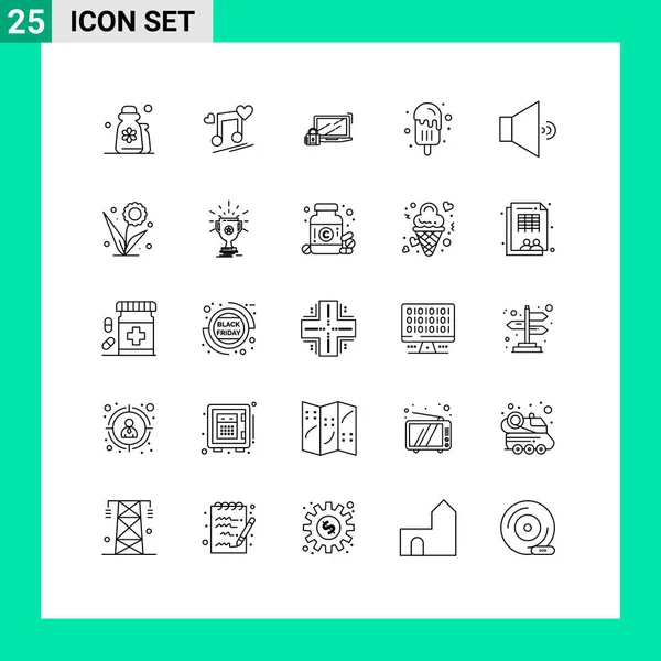 Pictograma Conjunto Linhas Simples Sorvete Sobremesa Amor Login Segurança Elementos — Vetor de Stock
