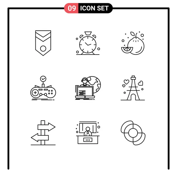 Pictogram Set Simple Outlines Outsource Gamepad Alert Game Check Editable — Stock Vector