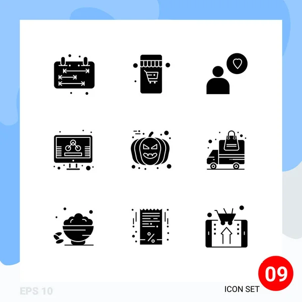 Modern Set Solid Glyphs Pictograph Avatar Halloween Love Face Marketing — Archivo Imágenes Vectoriales