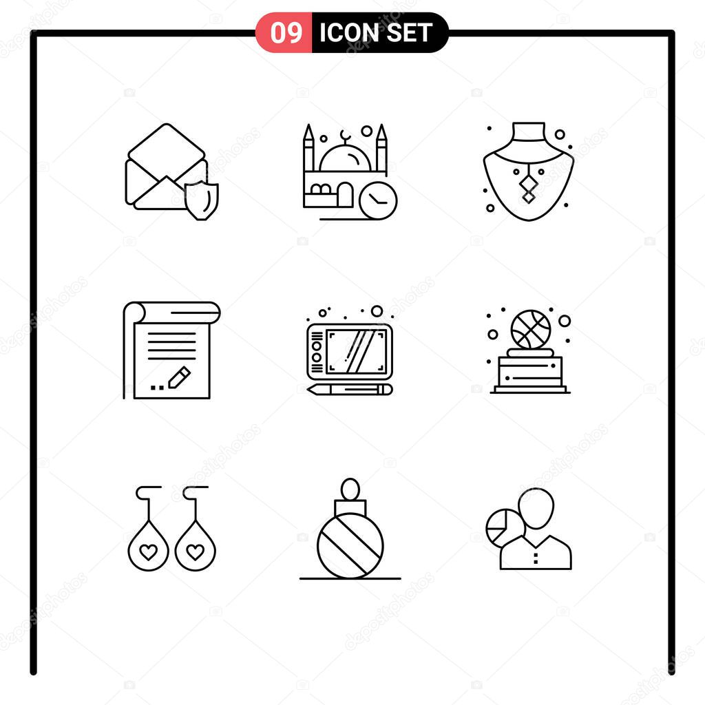 Pictogram Set of 9 Simple Outlines of notebook, knowledge, namaz, education, necklace Editable Vector Design Elements