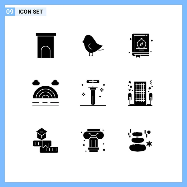 Set Modern Icons Symbols Signs Flasks Biology Compass Weather Forecast — Stock Vector