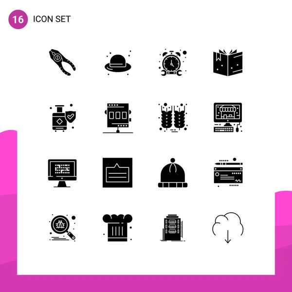 Mobile Interface Solid Gyph Set Pictograms Luggage Knowledge Straw Hat — Vector de stock