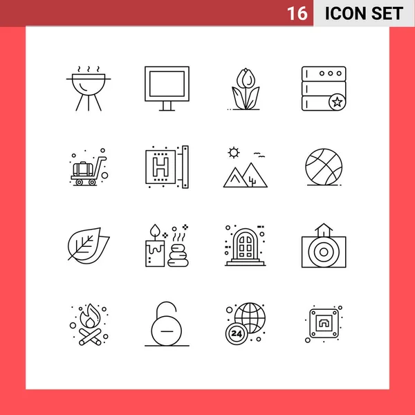 Pictogram Set Van Eenvoudige Schema Van Trolley Luchthaven Bloemen Server — Stockvector