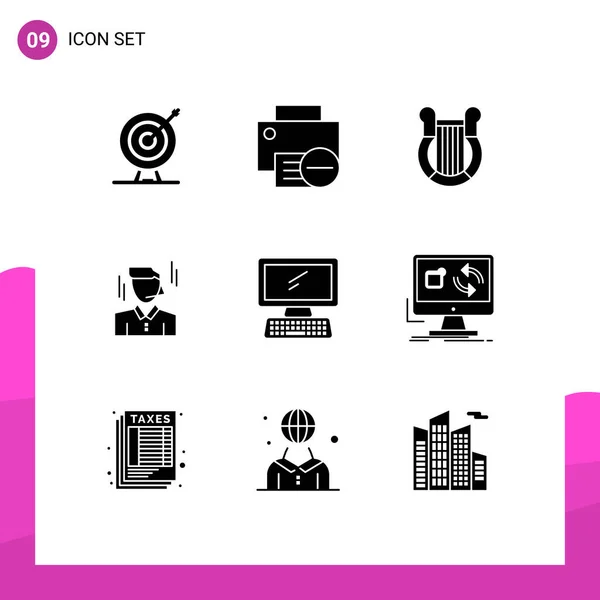 Modern Set Solid Glyphs Symbols Worker Businessman Hardware Nation Harp — Stock Vector