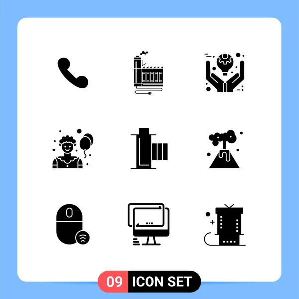 Modern Set Solid Glyphs Pictograph Cinema Clown Manufacturing Circus Product — Stock Vector