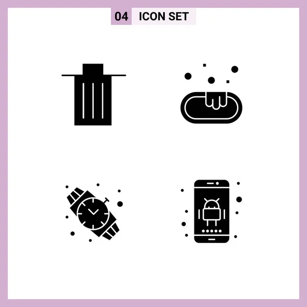 Set Commercial Solid Glyphs Pack Basket Watch Garbage Clean Android — Stock Vector