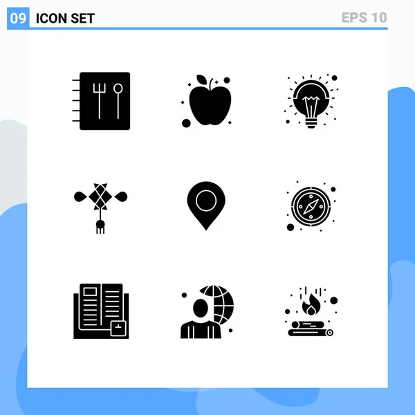 Universal Solid Glyphs Set Web Mobile Applications Compass Pin Lamp — Stockový vektor