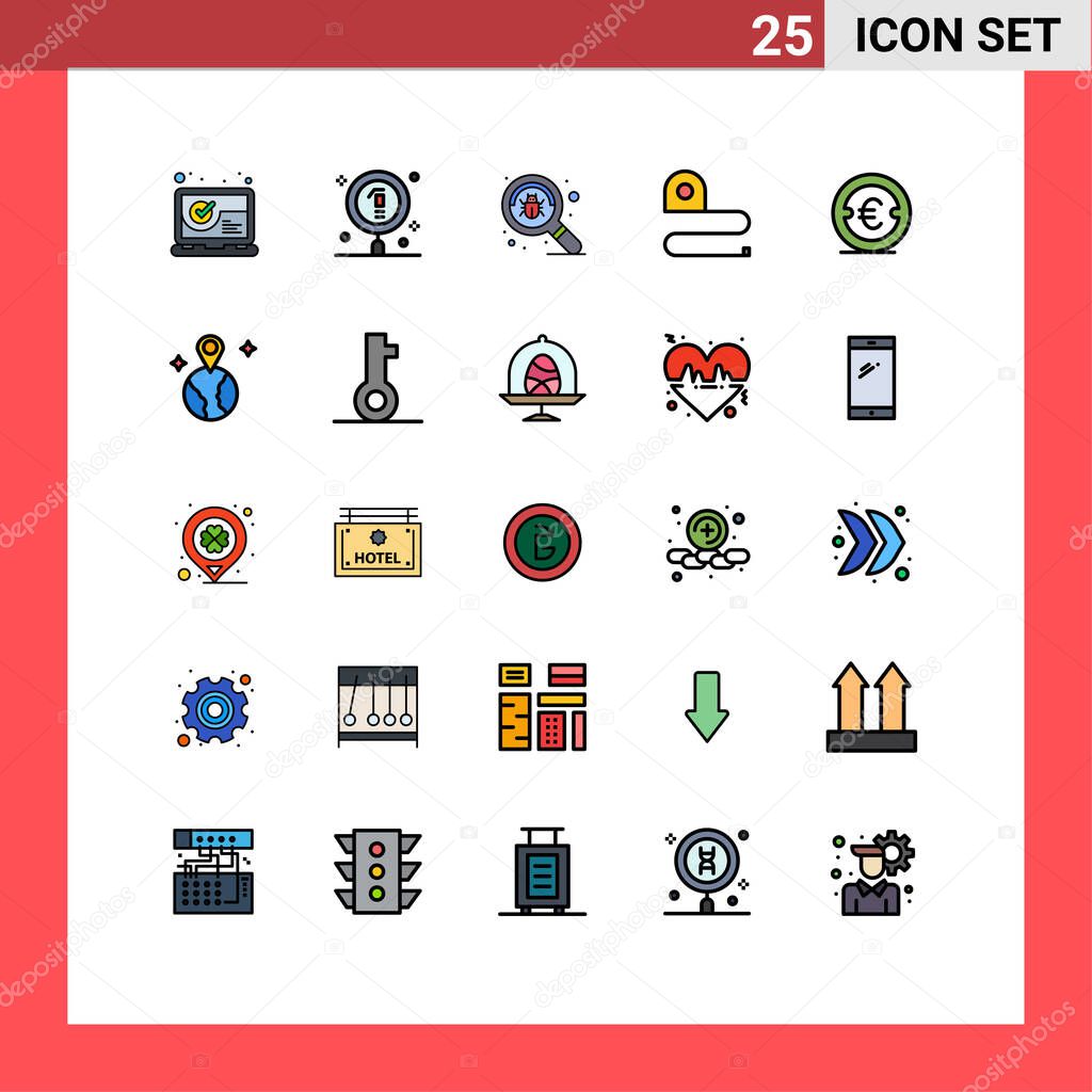 User Interface Pack of 25 Basic Filled line Flat Colors of coin, scale, science, measuring, virus Editable Vector Design Elements
