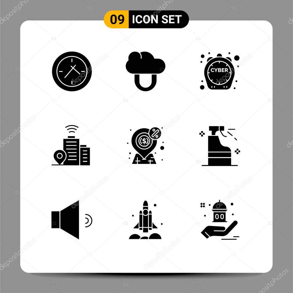 Group of 9 Solid Glyphs Signs and Symbols for present, money, discount, finance, location Editable Vector Design Elements