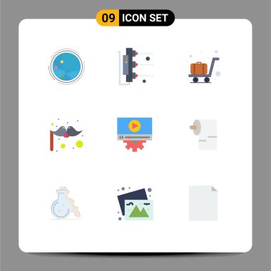 Web Yazdırma Ortamı için 9 Modern Düz Renk İşareti ve Sembolü Paketi, ayar, video, tarayıcı, bıyık, karnaval Düzenleme Vektörü Tasarım Elemanları