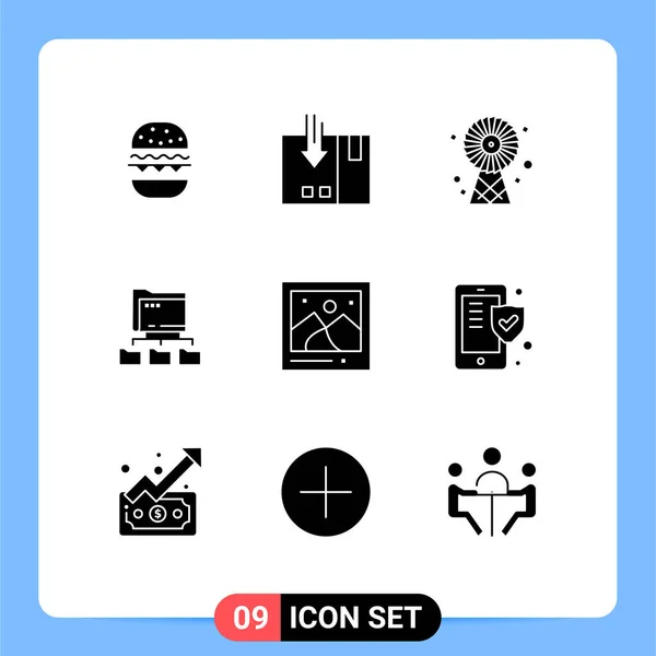 Group Solid Glyphs Signs Symbols Camera Network Service Folders Technology — Stock Vector