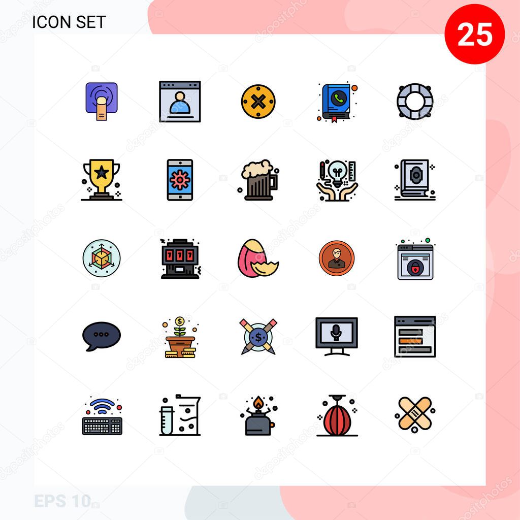 Grupo de 25 signos y símbolos de color plano de línea filtrada para