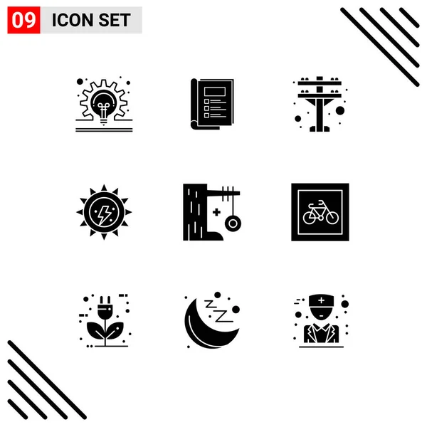 Mobile Interface Solid Glyph Set Pictograms Summer Holiday Electric Sun — Stock Vector