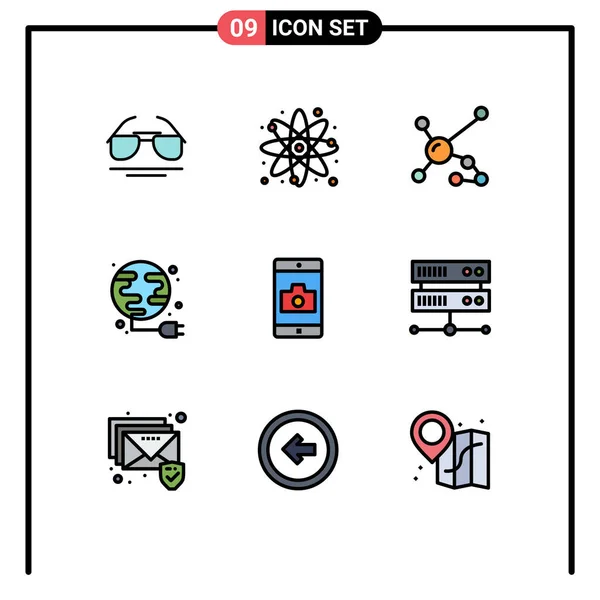 Set Modern Icons Sysymbols Signs Globe Plug Atomic Energy Dna — Vector de stock