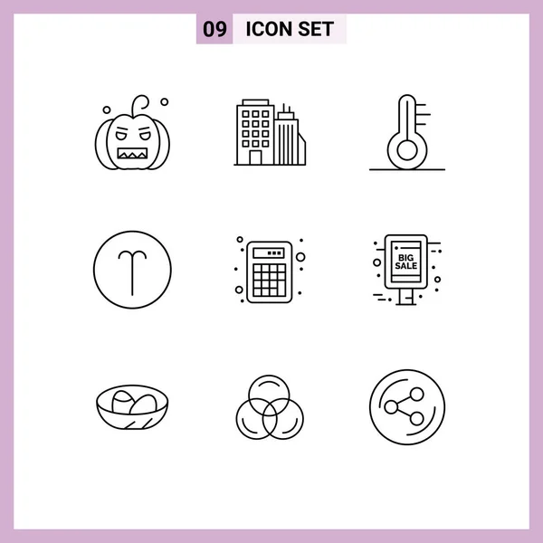 Pack of 9 Modern Outlines Signs and Symbols for Web Print Media such as math, accounting, temperature, symbols, sign Editable Vector Design Elements