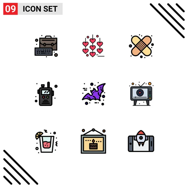 Conjunto Icones Modernos Símbolos Sinais Para Halloween Morcego Saúde Fogo — Vetor de Stock