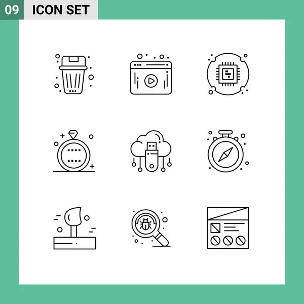 Mobile Interface Outline Set Van Pictogrammen Van Usb Ring Chip — Stockvector