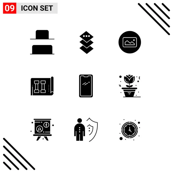 Mobile Interface Solid Glyph Set Pictograms Huawei Smart Phone Basic — Stock Vector