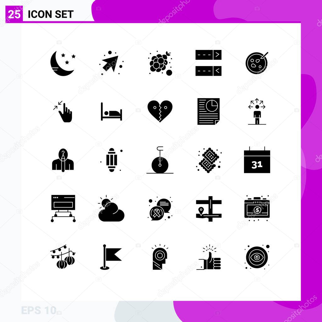 25 User Interface Solid Glyph Pack of modern Signs and Symbols of medical, dish, fruit, petri, password Editable Vector Design Elements