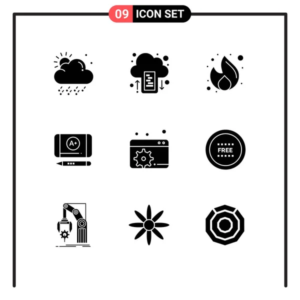 Mobile Interface Solid Gyph Set Pictograms Seo Configure Fire Education — Archivo Imágenes Vectoriales