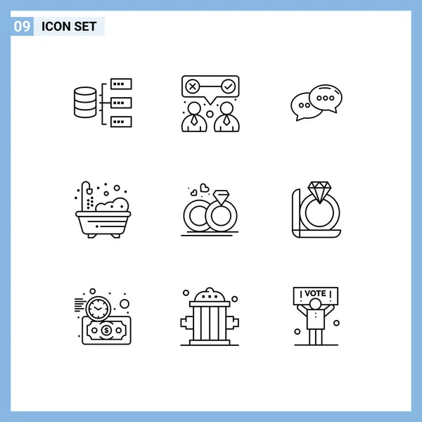 Pictogram Set Simple Outlines Wedding Ring Chat Shower Home Editable — Stock Vector