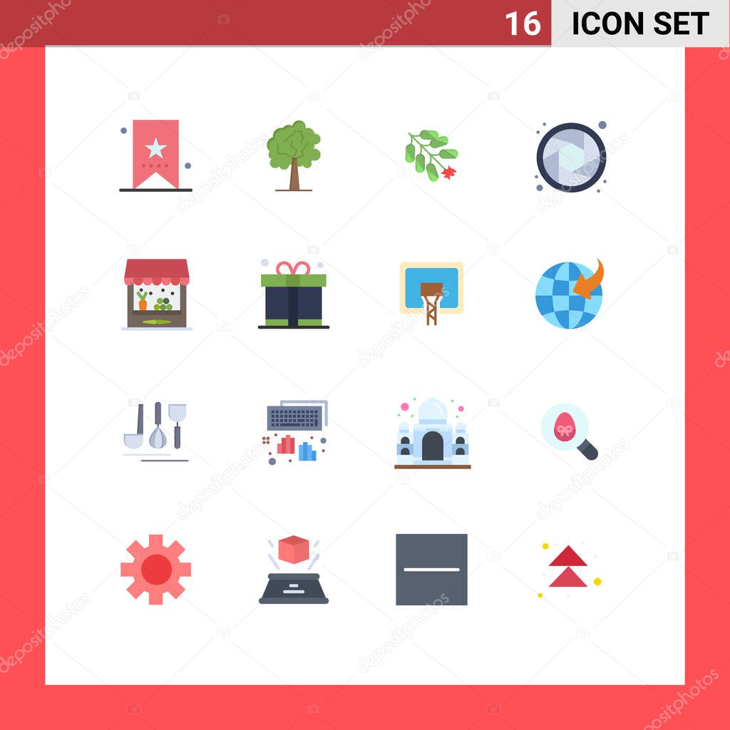 16 Universal Flat Color Signs Symbols of storehouse, agriculture, firework, shutter, camera Editable Pack of Creative Vector Design Elements