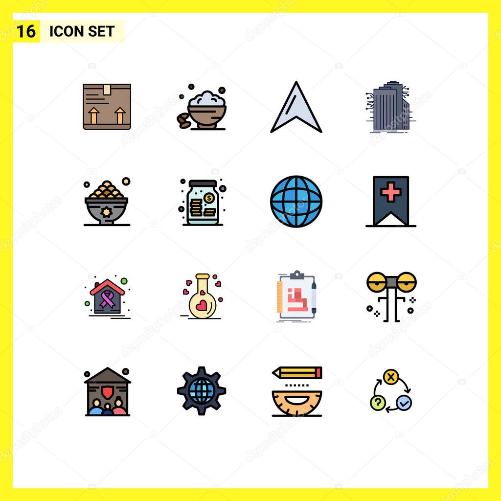 Universal Icon Symbols Group of 16 Modern Flat Color Filled Lines of dates, connected, open, smart city, building Editable Creative Vector Design Elements