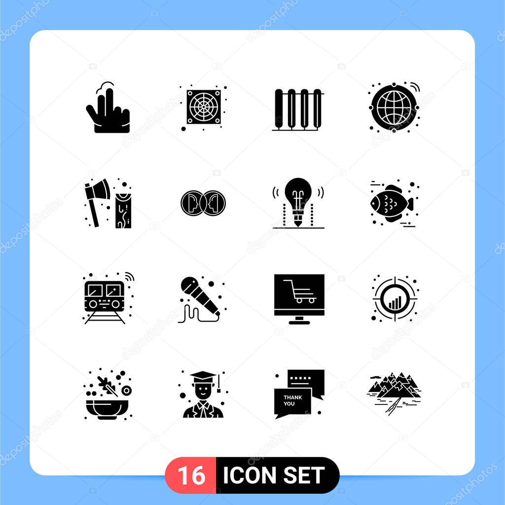 Universal Icon Symbols Group of 16 Modern Solid Glyphs of cutting, axe, heater, transfer, globe Editable Vector Design Elements