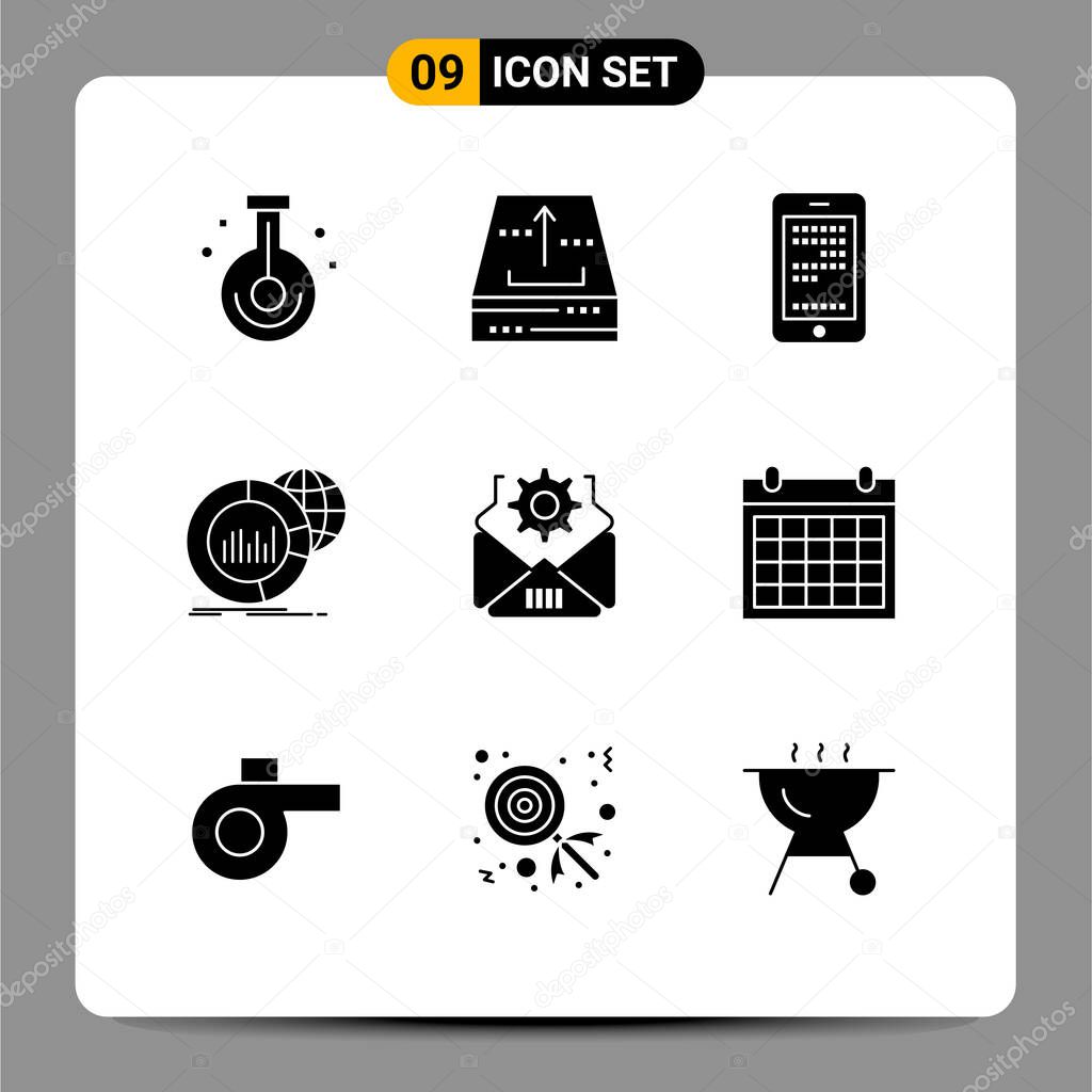 Group of 9 Solid Glyphs Signs and Symbols for world, chart, office, big, cell Editable Vector Design Elements