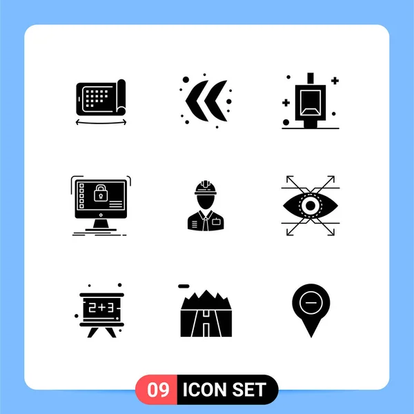 Solid Glyph Pack Universal Symbols Construction Worker Bath Data Safe — Stock Vector