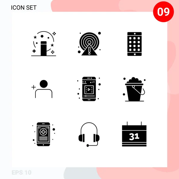 Modern Set Solid Glyphs Pictograph Mobile Video Mobile App Application — Vector de stock