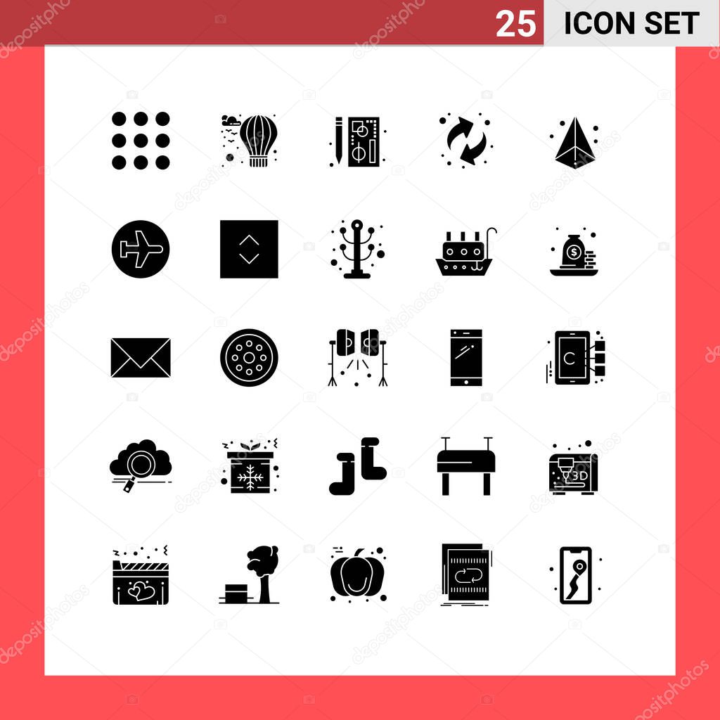 Pictogram Set of 25 Simple Solid Glyphs of printing, laser, graph, box, recycling Editable Vector Design Elements
