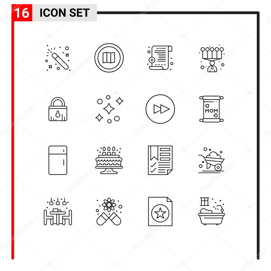 Modern Set of 16 Outlines Pictograph of galaxy, ecommerce, medical report, security, skills Editable Vector Design Elements