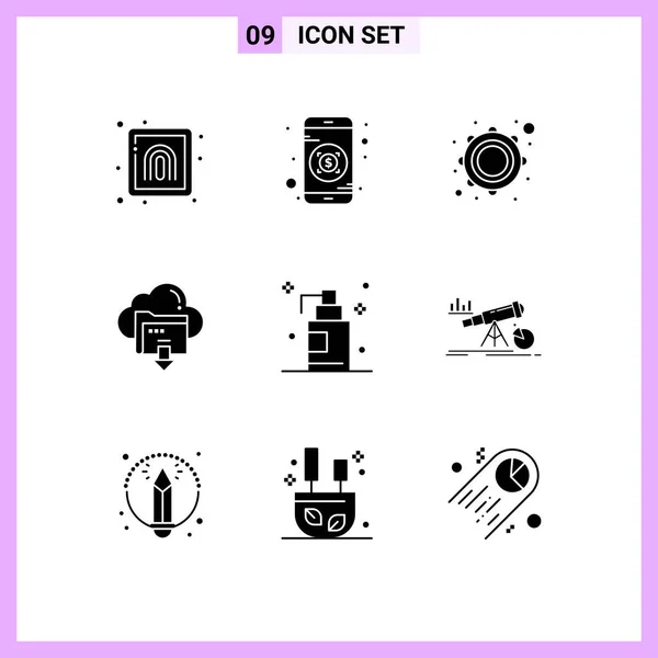 Modern Set Solid Glyphs Pictograph Bath Computing Music Cloud Arrow — Stock Vector