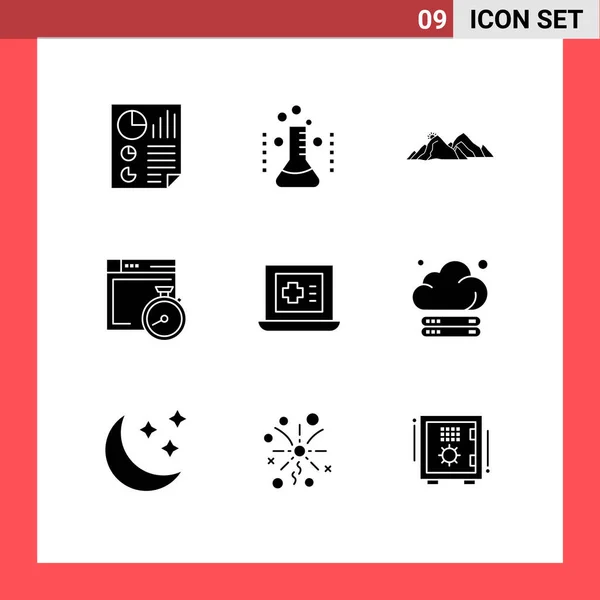 Modern Set Solid Glyphs Pictograph Compass File Laboratory Scene Hill — Stock Vector