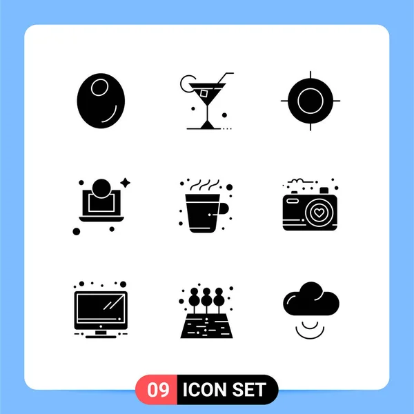 Solid Glyph Pack Universal Symbols Hot Cup Location Coffee Dollar — Stock Vector