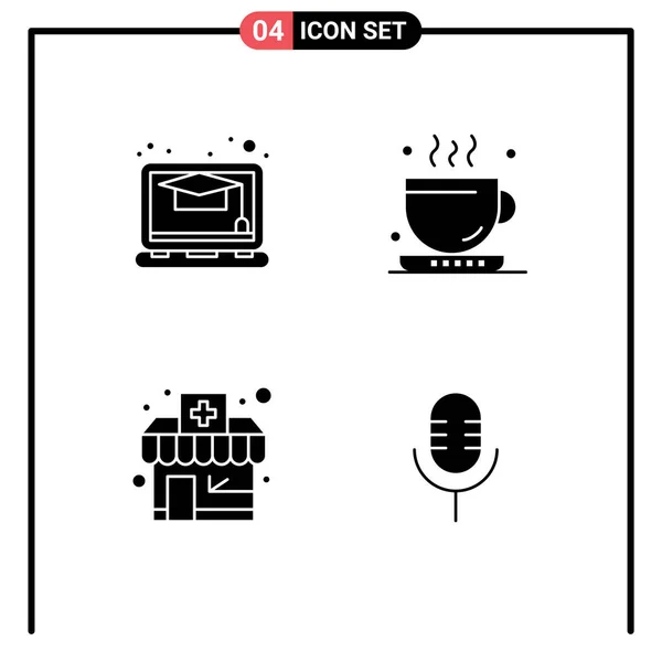 Modern Set Solid Glyphs Pictograph Education Pharmacy Coffee Tea Microphone — Stock Vector