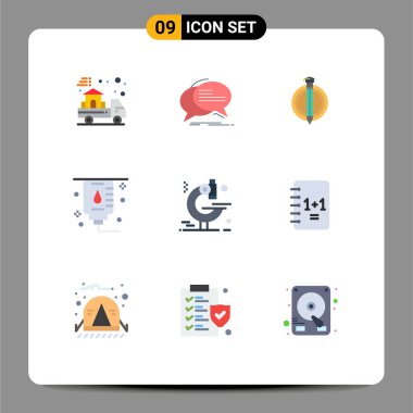 Mikroskop, tıbbi, konuşma, hastane, lisansüstü Düzenleyici Tasarım Elemanları gibi Web Yazdırma Ortamı için 9 Modern Düz Renk İşareti ve Sembolü Paketi