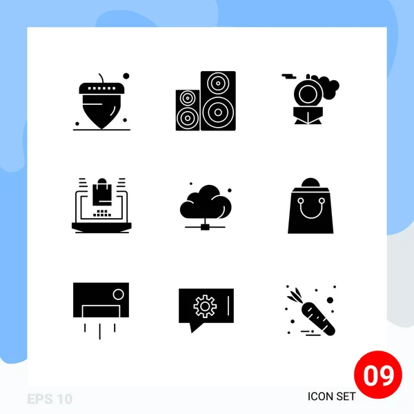 Conjunto Moderno Glyphs Sólido Pictograph Red Nube Retro Compras Portátil — Vector de stock