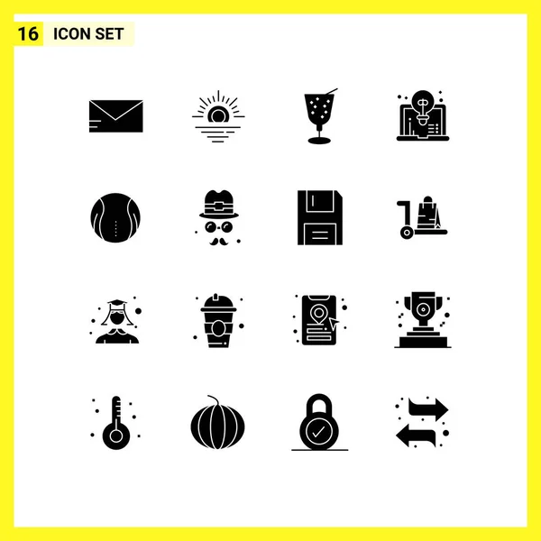 Mobile Interface Solid Gyph Set Pictograms Avatar Sport Juice Tennis — Vector de stock