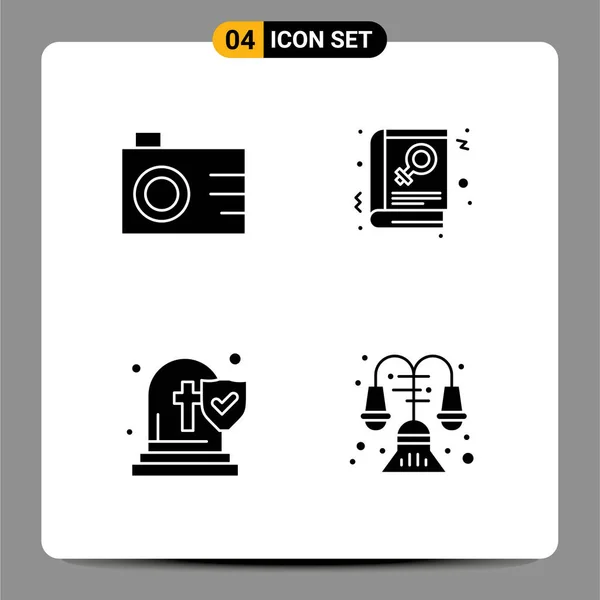 カメラ サインのための4つの商用ソリッドグリフパックのセットは 編集可能なベクトルデザイン要素を飾る — ストックベクタ