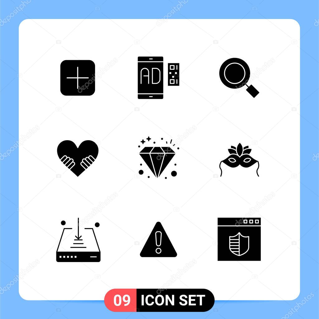Modern Set of 9 Solid Glyphs Pictograph of investment, valentine, mobile, love, search Editable Vector Design Elements
