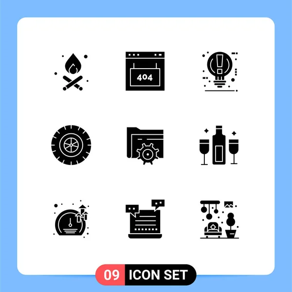 Mobile Interface Solid Glyph Set Pictograms Setting Wheel Bulb Tire — Stock Vector