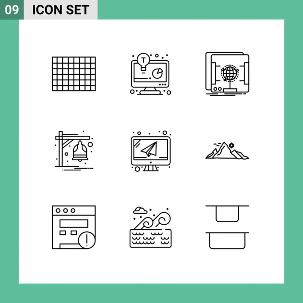 Set Vector Outlines Grid Laptop Computer Holographic Train Bell Editable — Vector de stock