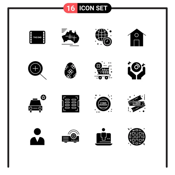 Modern Set Solid Glyphs Pictograph Zoom Building Vacation House World — Stock Vector