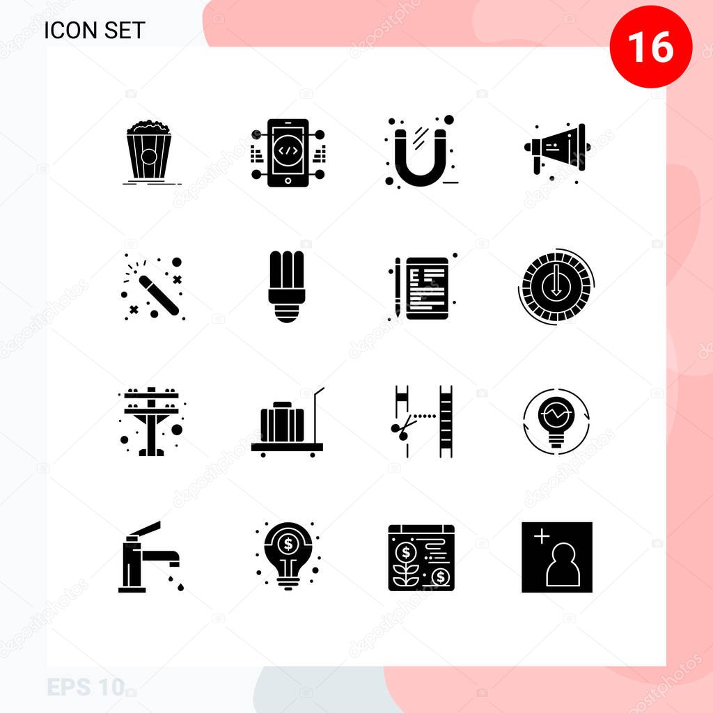 Set of 16 Commercial Solid Glyphs pack for magic, speaker, business, megaphone, tool Editable Vector Design Elements